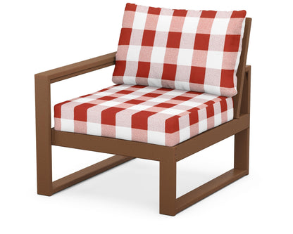 POLYWOOD® EDGE Modular Left Arm Chair in Teak / Buffalo Plaid Crimson