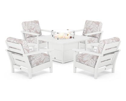 POLYWOOD® Harbour 5-Piece Conversation Set with Fire Pit Table in White / Leaf Dune Burlap