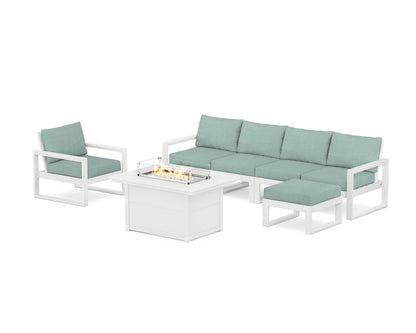 POLYWOOD® EDGE Sectional Lounge and Fire Pit Set in White / Glacier Spa