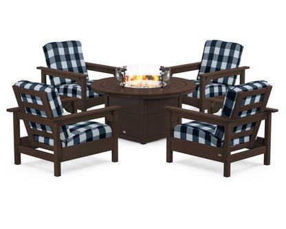 POLYWOOD® Club 5-Piece Conversation Set with Fire Pit Table in Mahogany / Buffalo Plaid Marine Indigo