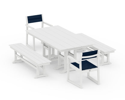 POLYWOOD® EDGE Sling Arm Chair 5-Piece Farmhouse Dining Set with Benches in White / Navy Blue Sling