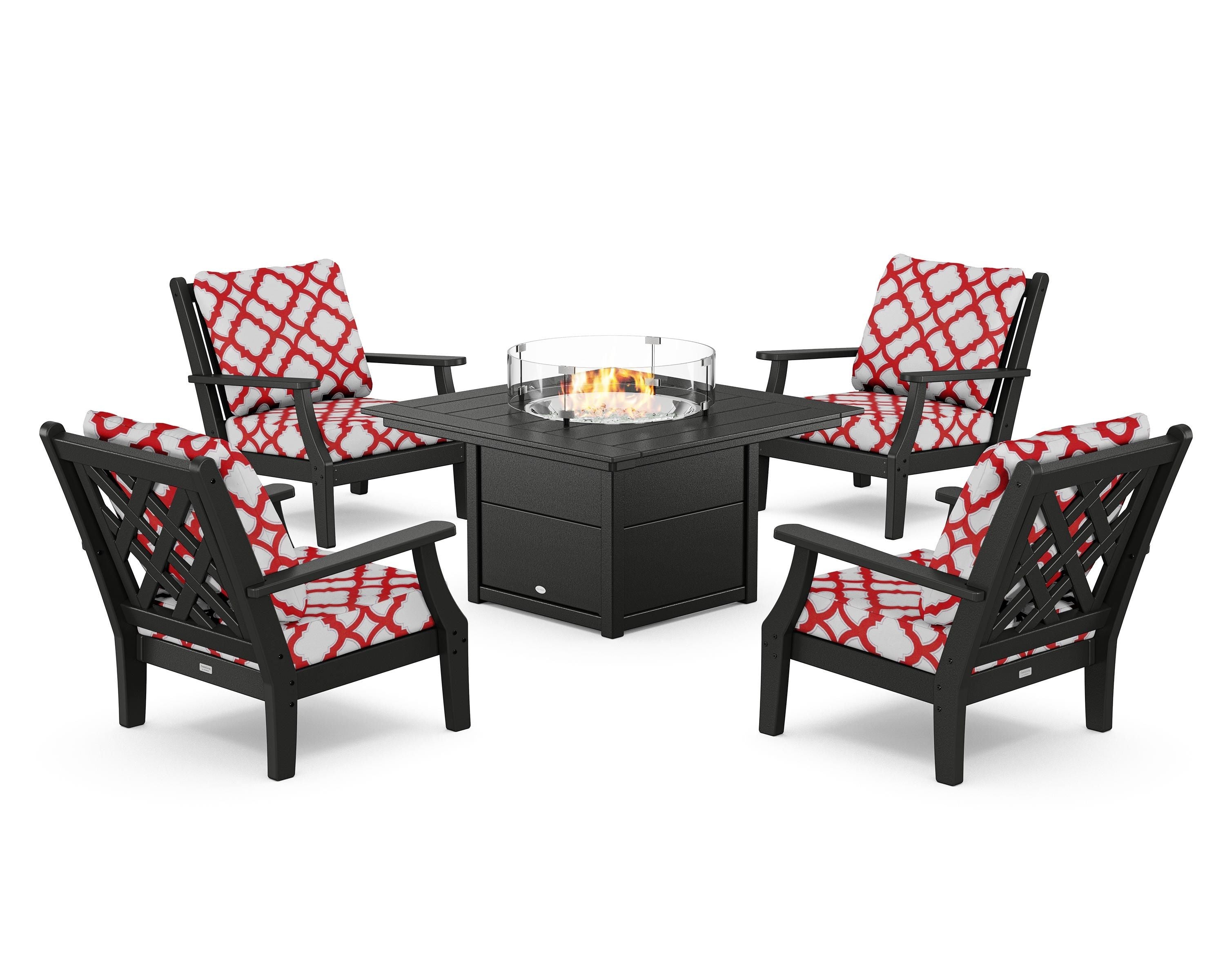 Country Living Wovendale 5-Piece Deep Seating Set with Fire Pit Table in Black / Trellis Crimson