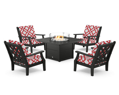 Country Living Wovendale 5-Piece Deep Seating Set with Fire Pit Table in Black / Trellis Crimson