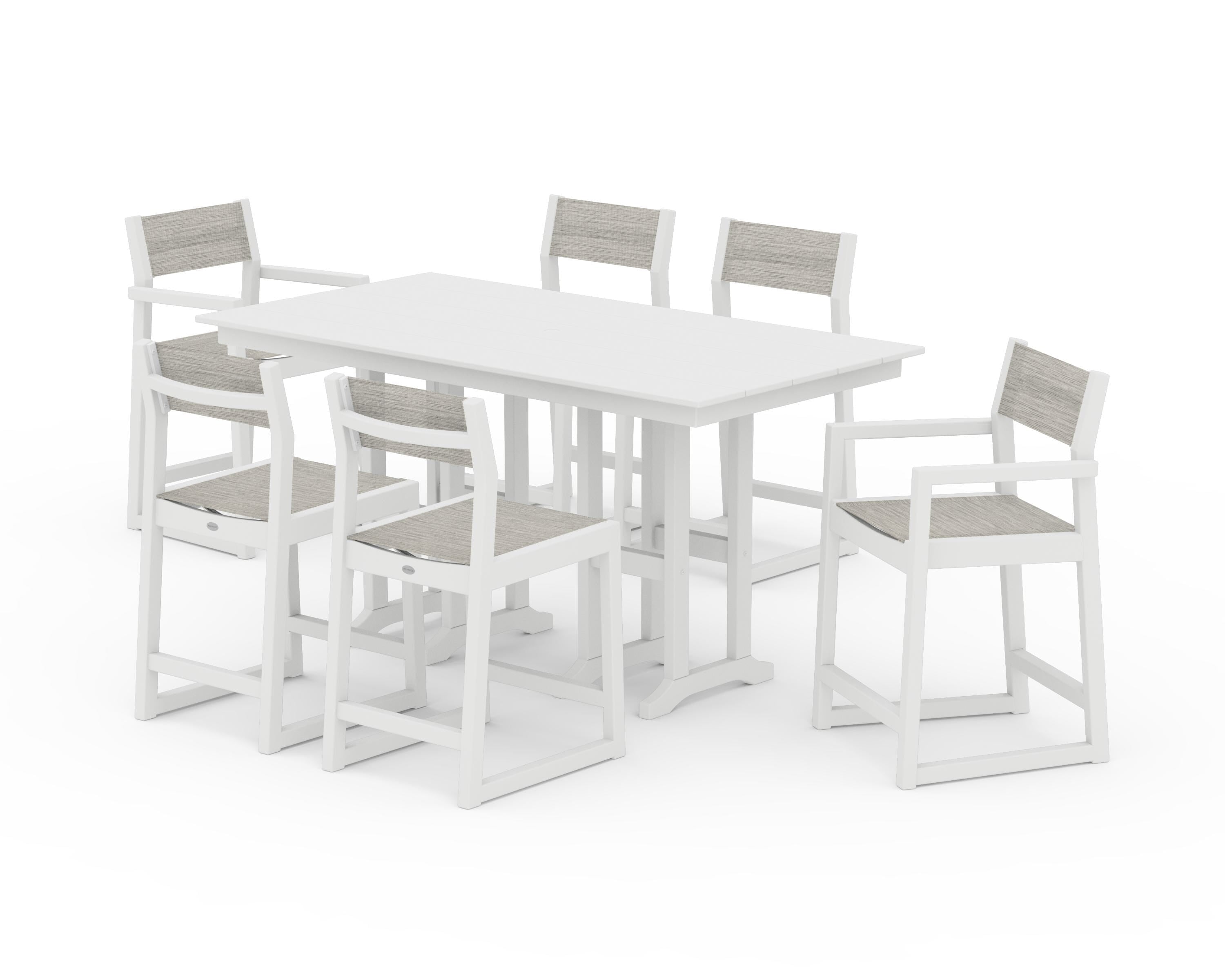 POLYWOOD® EDGE Sling 7-Piece Farmhouse Counter Set with Trestle Legs in White / Birch Sling