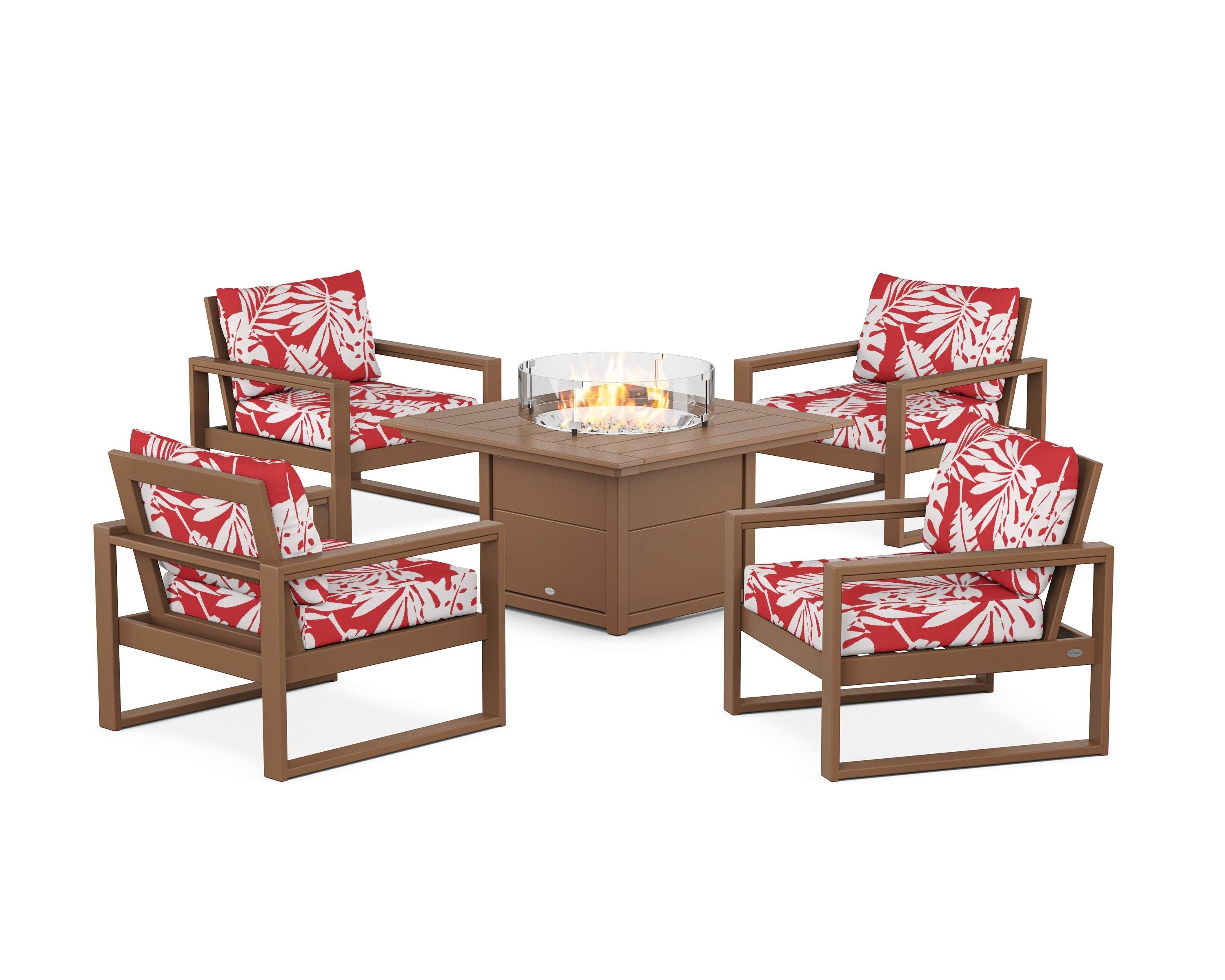 POLYWOOD® EDGE Sectional 5-Piece Deep Seating Set with Fire Pit Table in Teak / Leaf Crimson