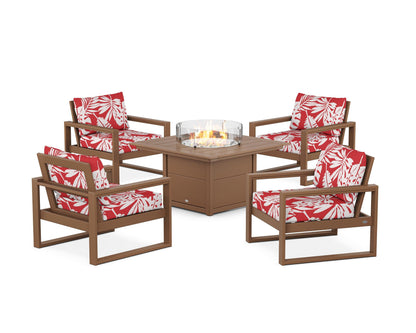 POLYWOOD® EDGE Sectional 5-Piece Deep Seating Set with Fire Pit Table in Teak / Leaf Crimson
