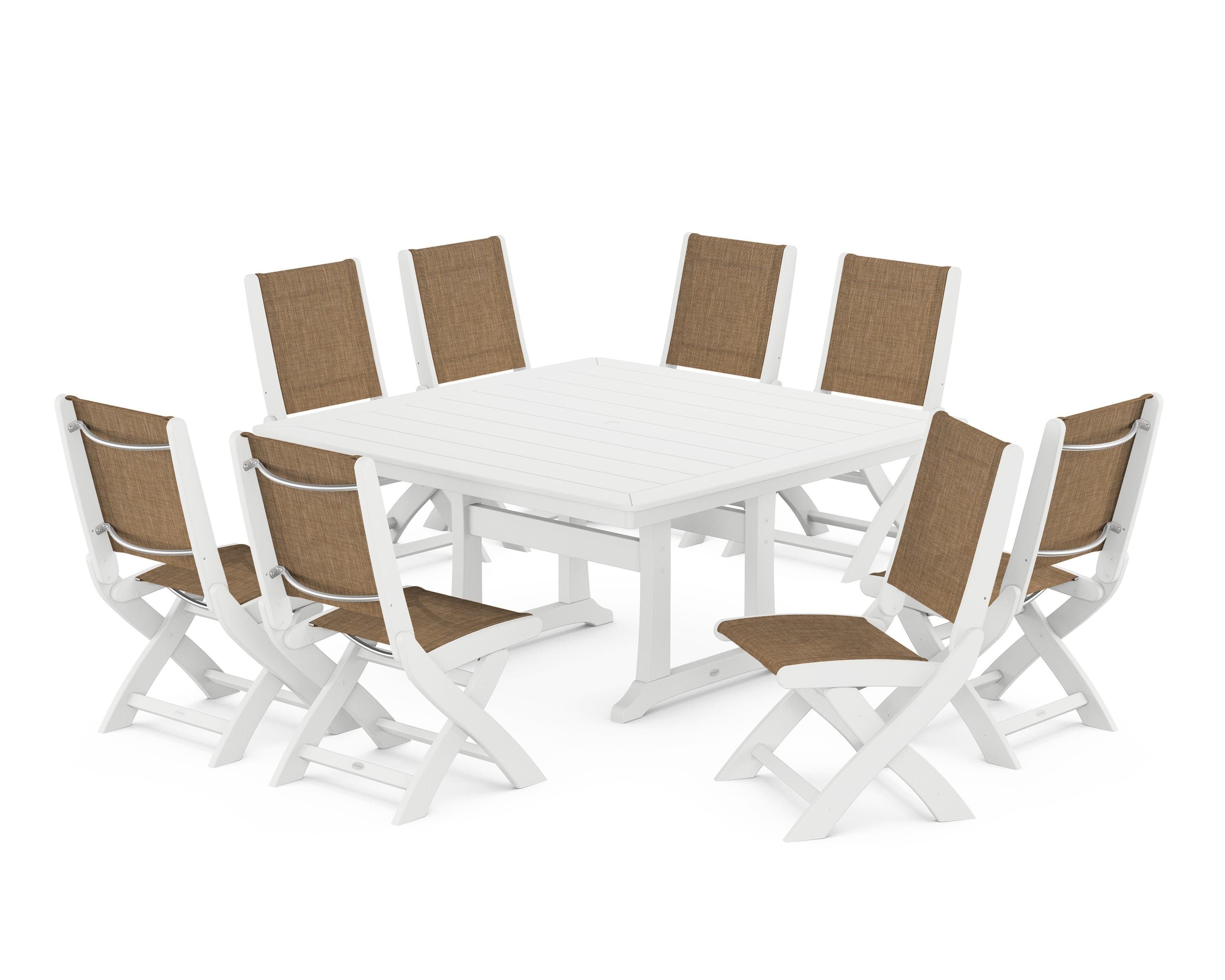POLYWOOD® Coastal Folding Side Chair 9-Piece Dining Set with Trestle Legs in White / Burlap Sling