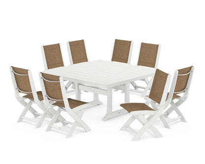 POLYWOOD® Coastal Folding Side Chair 9-Piece Dining Set with Trestle Legs in White / Burlap Sling