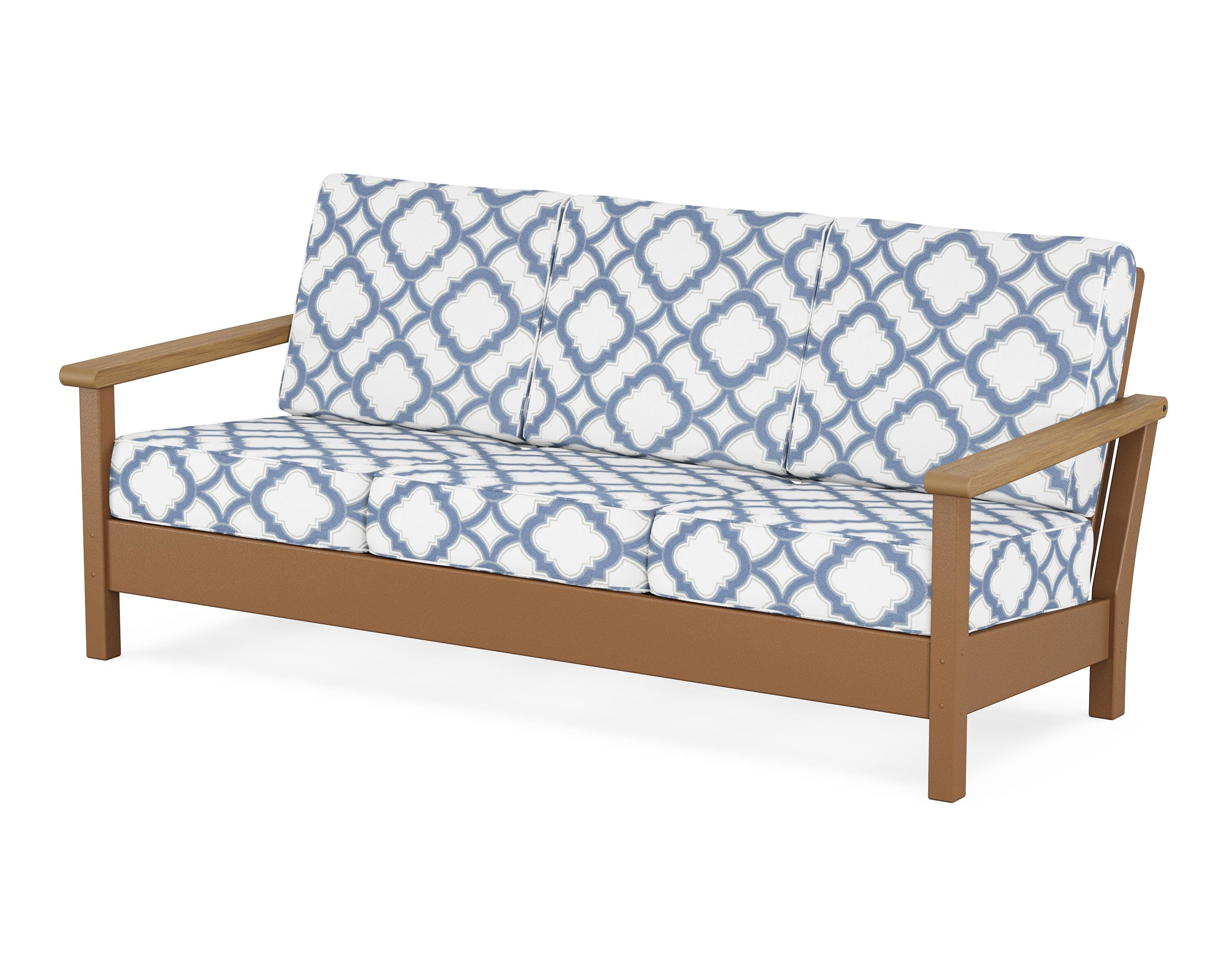 POLYWOOD® Harbour Deep Seating Sofa in Teak / Natural / Trellis Sky Blue