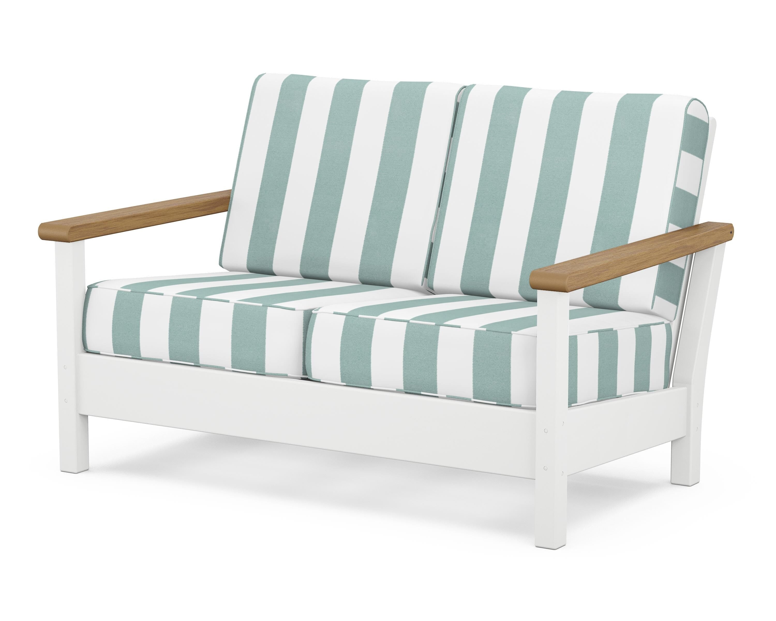 POLYWOOD® Harbour Deep Seating Loveseat in White / Natural / Cabana Stripe Glacier Spa