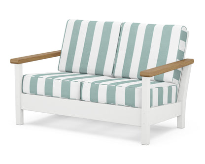 POLYWOOD® Harbour Deep Seating Loveseat in White / Natural / Cabana Stripe Glacier Spa