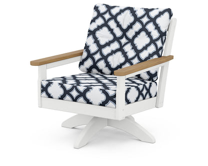 POLYWOOD® Vineyard Deep Seating Swivel Chair in White / Natural / Trellis Marine Indigo