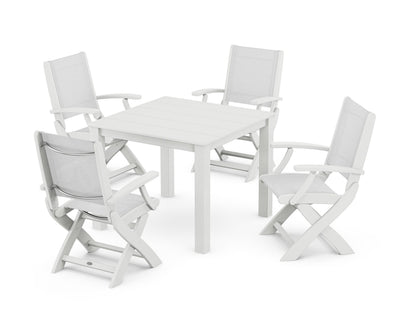 POLYWOOD® Coastal Folding Chair 5-Piece Parsons Dining Set in White / White Sling