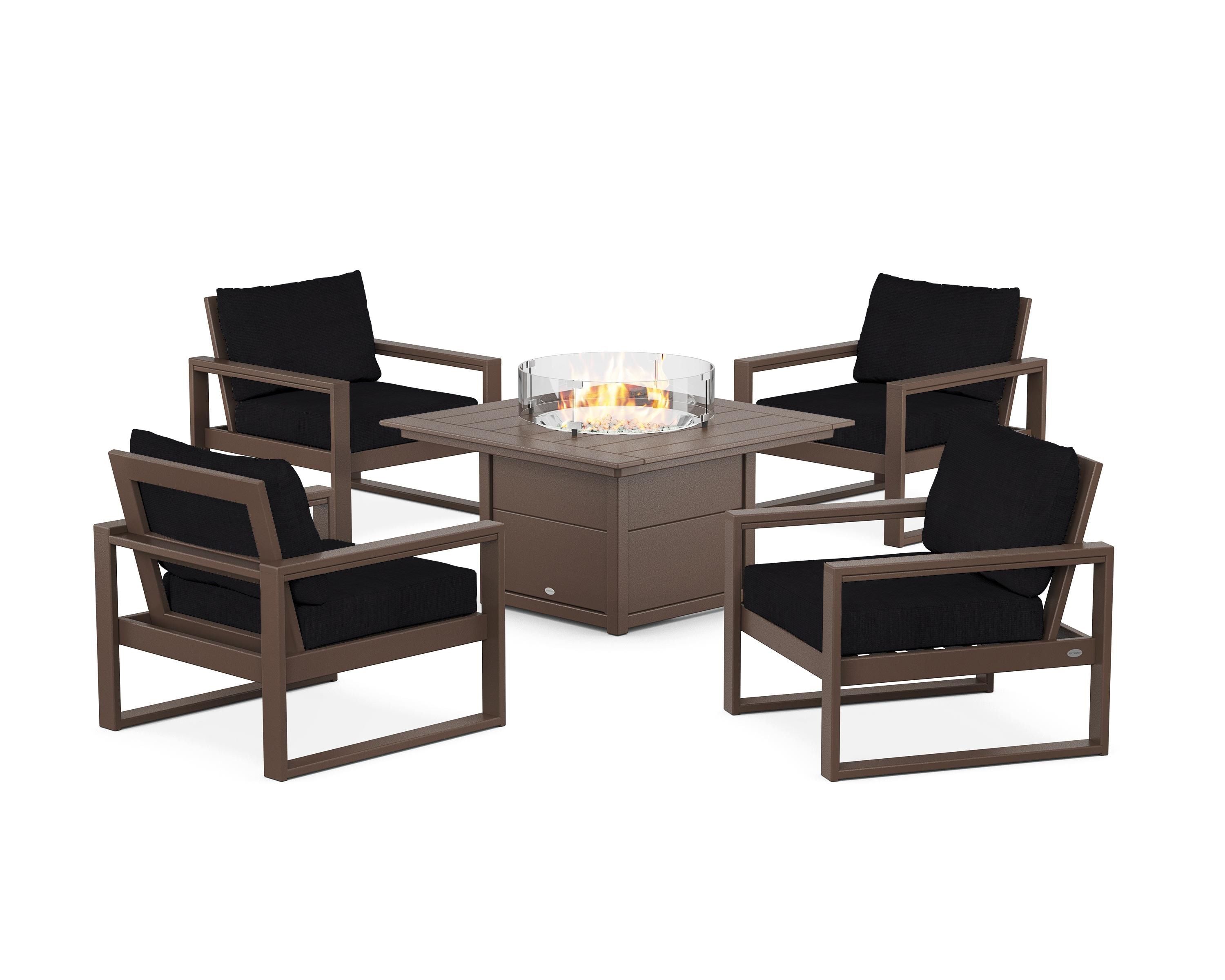 POLYWOOD® EDGE Sectional 5-Piece Deep Seating Set with Fire Pit Table in Mahogany / Midnight Linen