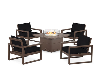 POLYWOOD® EDGE Sectional 5-Piece Deep Seating Set with Fire Pit Table in Mahogany / Midnight Linen