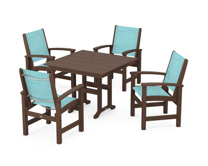 POLYWOOD® Coastal 5-Piece Farmhouse Dining Set in Mahogany / Dupioni Aquamarine Sling