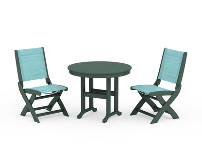 POLYWOOD® Coastal Folding Side Chair 3-Piece Round Dining Set in Green / Dupioni Aquamarine Sling