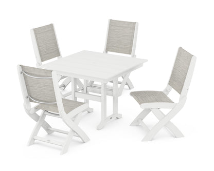 POLYWOOD® Coastal Folding Side Chair 5-Piece Farmhouse Dining Set in White / Birch Sling