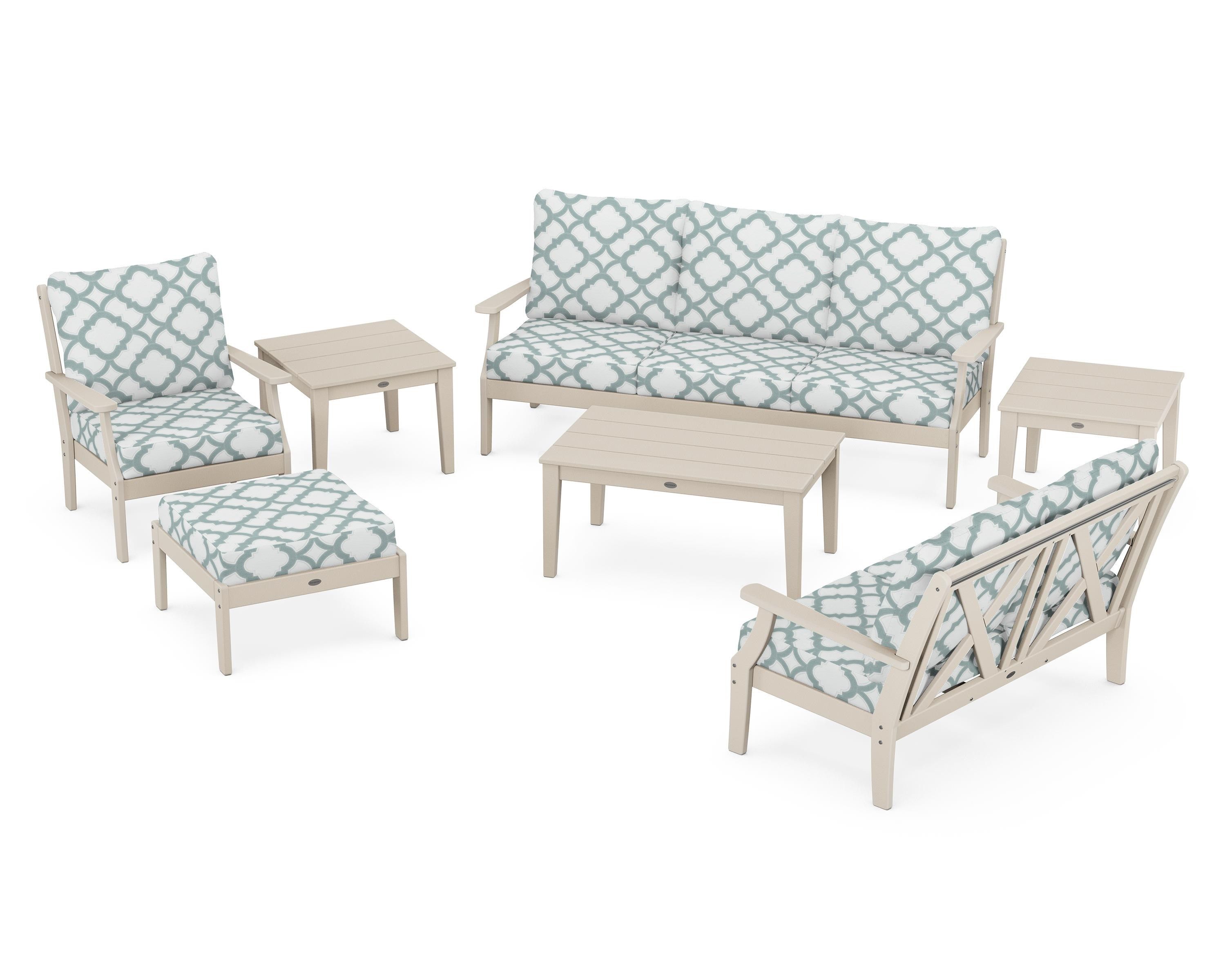 POLYWOOD® Braxton 7-Piece Deep Seating Set in Sand / Trellis Glacier Spa