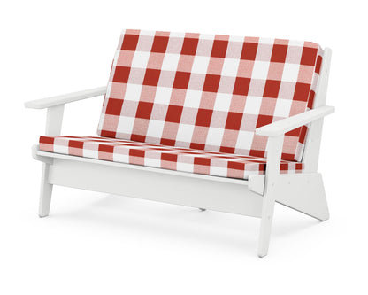 POLYWOOD® Riviera Modern Lounge Loveseat in White / Buffalo Plaid Crimson