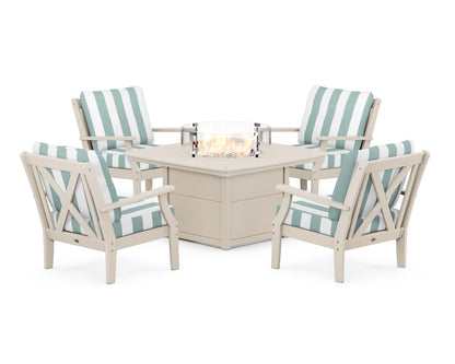 POLYWOOD® Braxton 5-Piece Deep Seating Conversation Set with Fire Pit Table in Sand / Cabana Stripe Glacier Spa