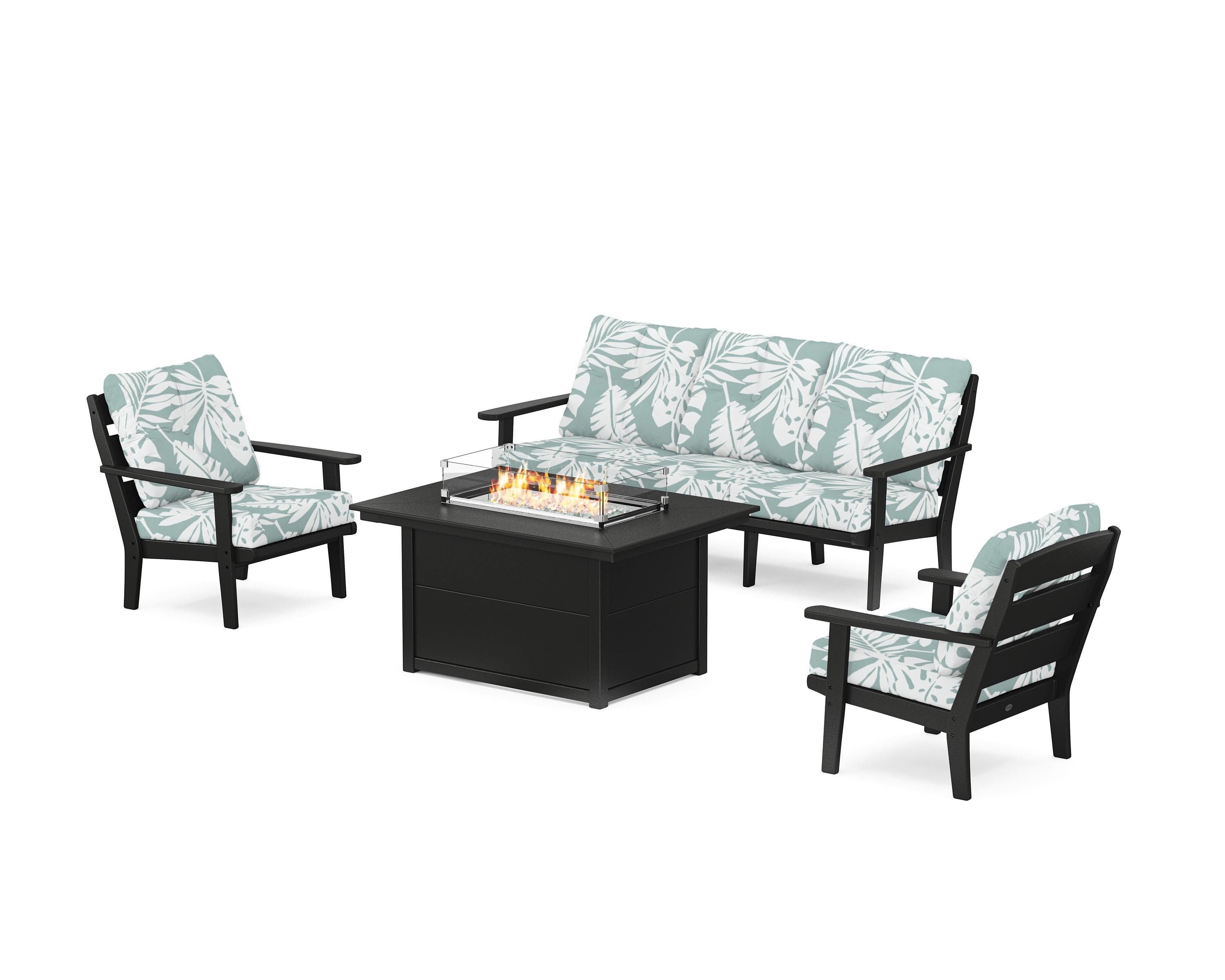 POLYWOOD® Lakeside Deep Seating Fire Pit Table Set in Black / Leaf Glacier Spa