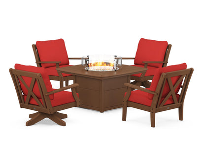 POLYWOOD® Braxton 5-Piece Deep Seating Set with Fire Table in Teak / Crimson Linen