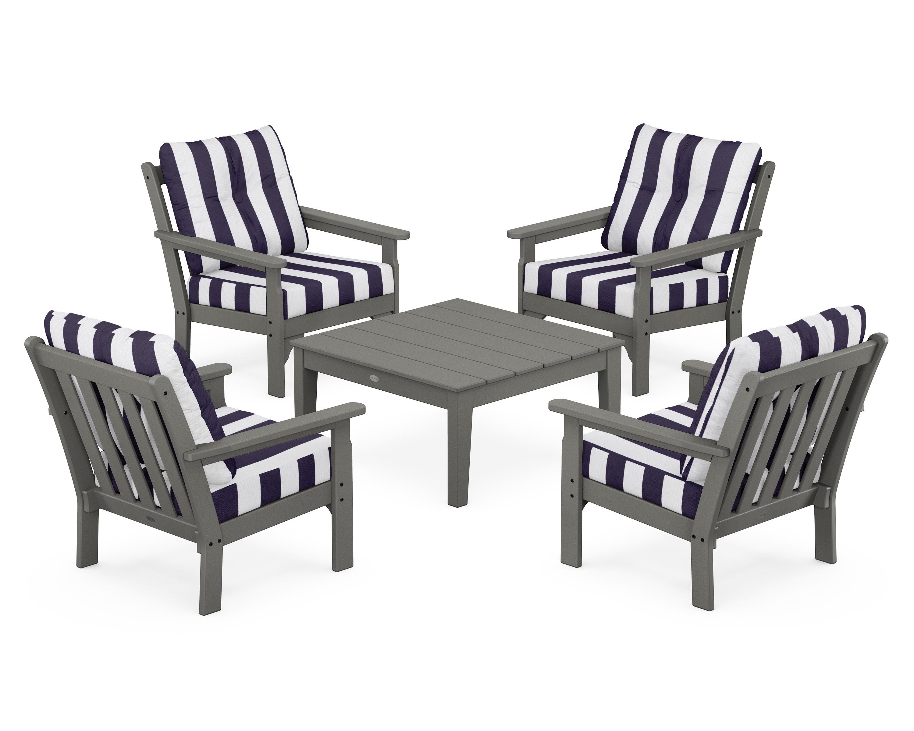 POLYWOOD® Vineyard 5-Piece Deep Seating Conversation Set in Slate Grey / Cabana Stripe Navy