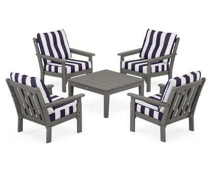 POLYWOOD® Vineyard 5-Piece Deep Seating Conversation Set in Slate Grey / Cabana Stripe Navy
