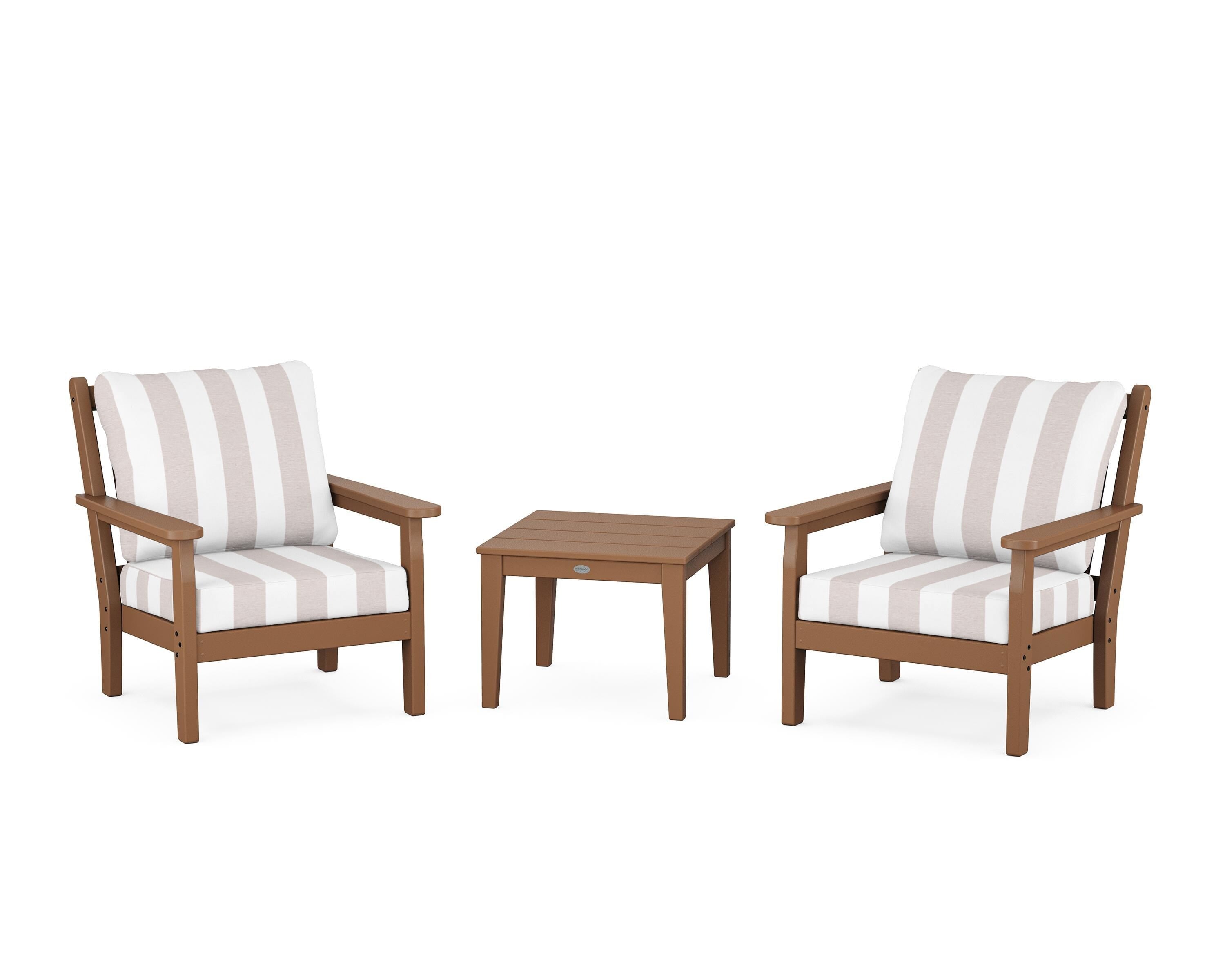 POLYWOOD® Chippendale 3-Piece Deep Seating Set in Teak / Cabana Stripe Dune Burlap