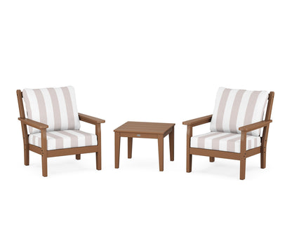 POLYWOOD® Chippendale 3-Piece Deep Seating Set in Teak / Cabana Stripe Dune Burlap