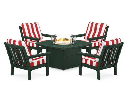POLYWOOD® Vineyard 5-Piece Conversation Set with Fire Pit Table in Green / Cabana Stripe Crimson