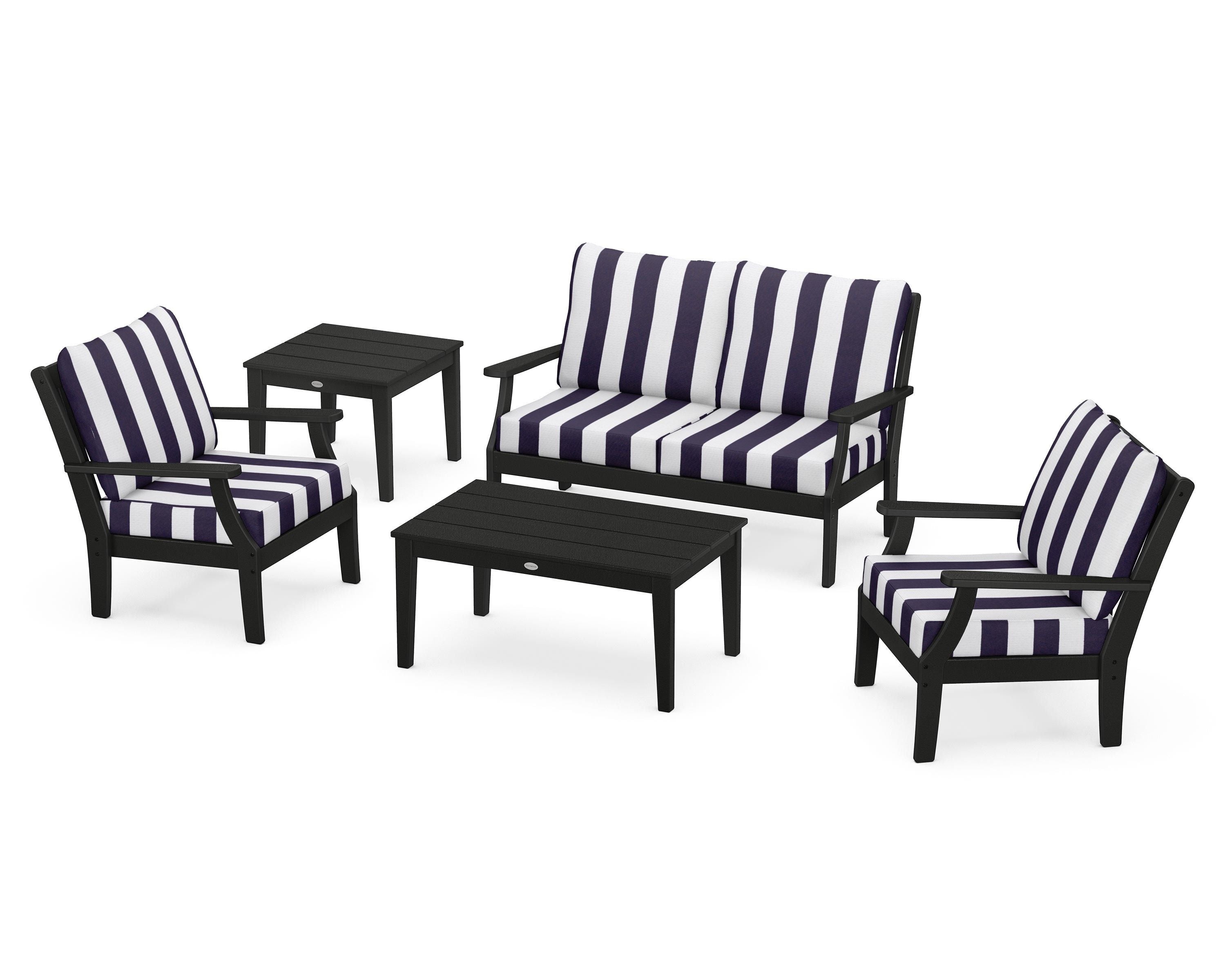 POLYWOOD® Braxton 5-Piece Deep Seating Set in Black / Cabana Stripe Navy