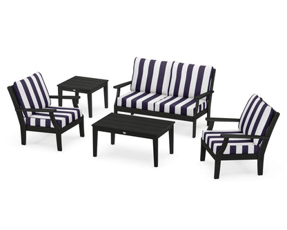 POLYWOOD® Braxton 5-Piece Deep Seating Set in Black / Cabana Stripe Navy