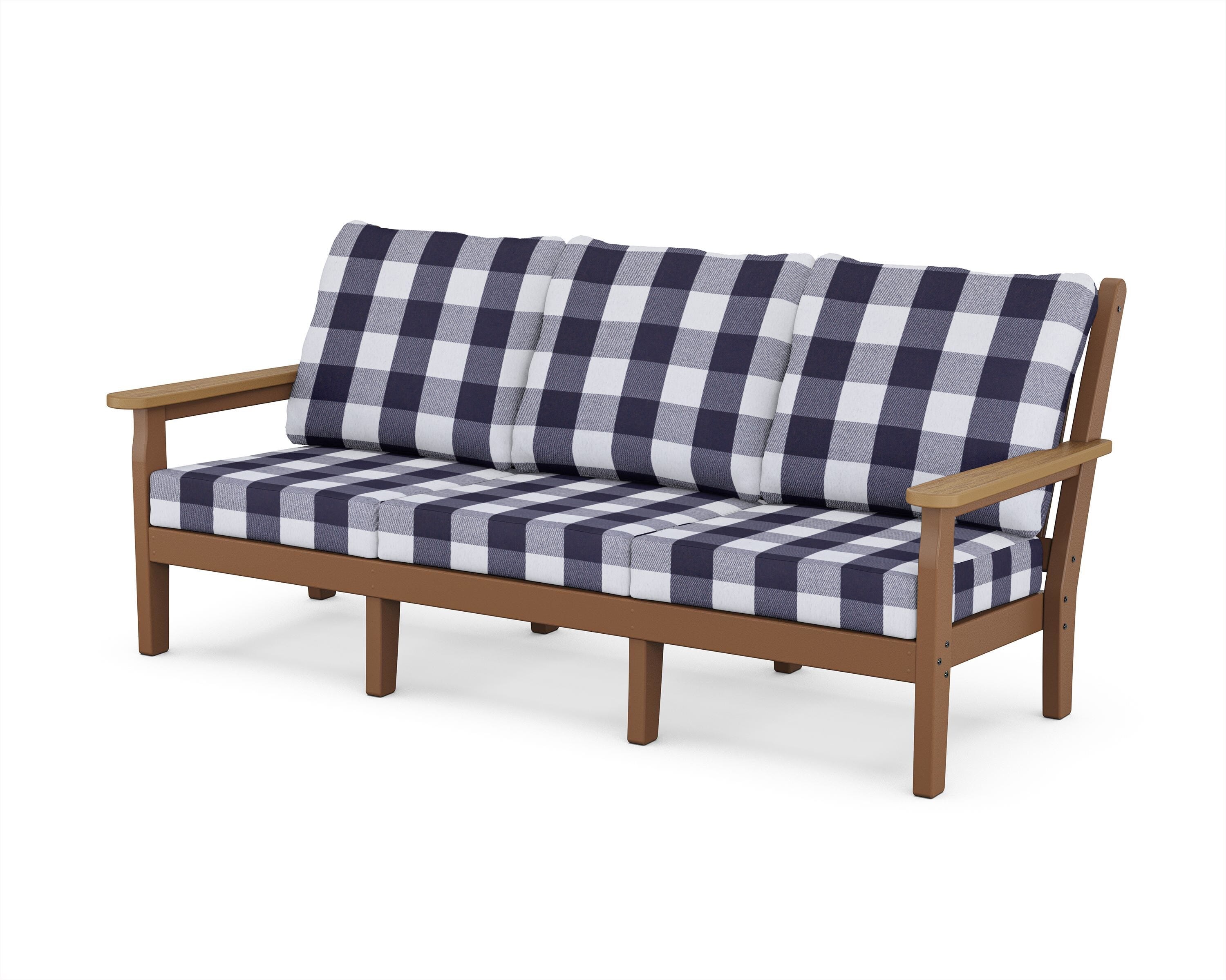 POLYWOOD® Chippendale Deep Seating Sofa in Teak / Natural / Buffalo Plaid Navy