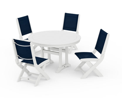 POLYWOOD® Coastal Folding Side Chair 5-Piece Round Dining Set With Trestle Legs in White / Navy Blue Sling