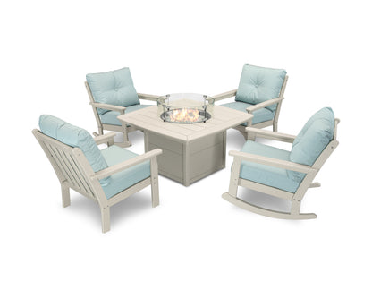POLYWOOD® Vineyard 5-Piece Deep Seating Rocking Chair Conversation Set with Fire Pit Table in Sand / Spa
