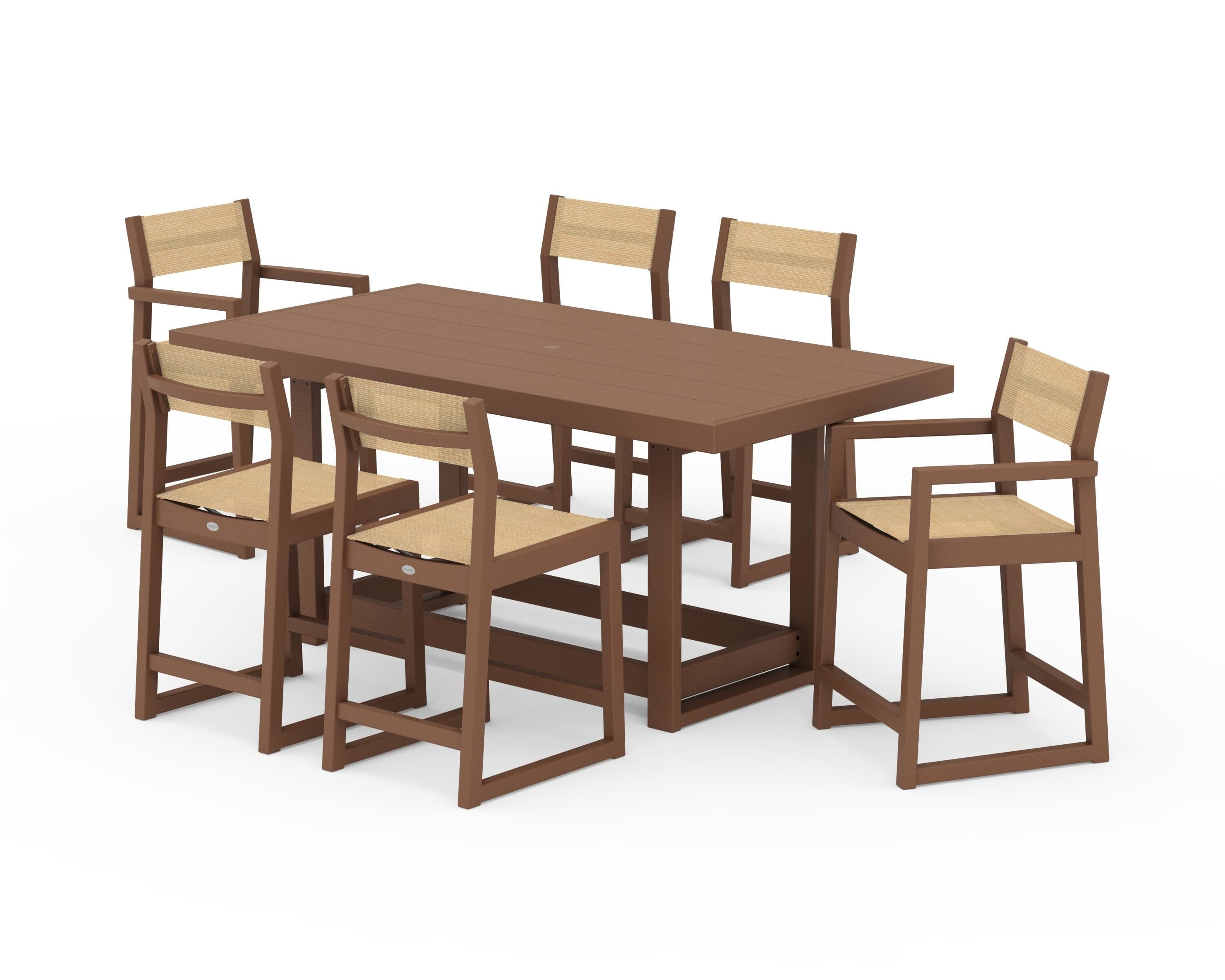 POLYWOOD® EDGE Sling 7-Piece Counter Table Set in Teak / Dupioni Apricot Sling