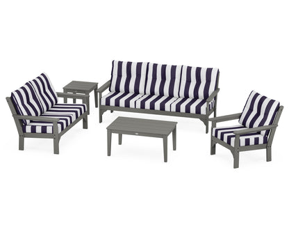 POLYWOOD® Vineyard 5 Piece Deep Seating Set in Slate Grey / Cabana Stripe Navy