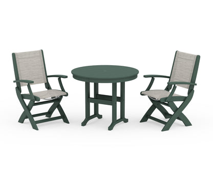 POLYWOOD® Coastal Folding Chair 3-Piece Round Dining Set in Green / Birch Sling
