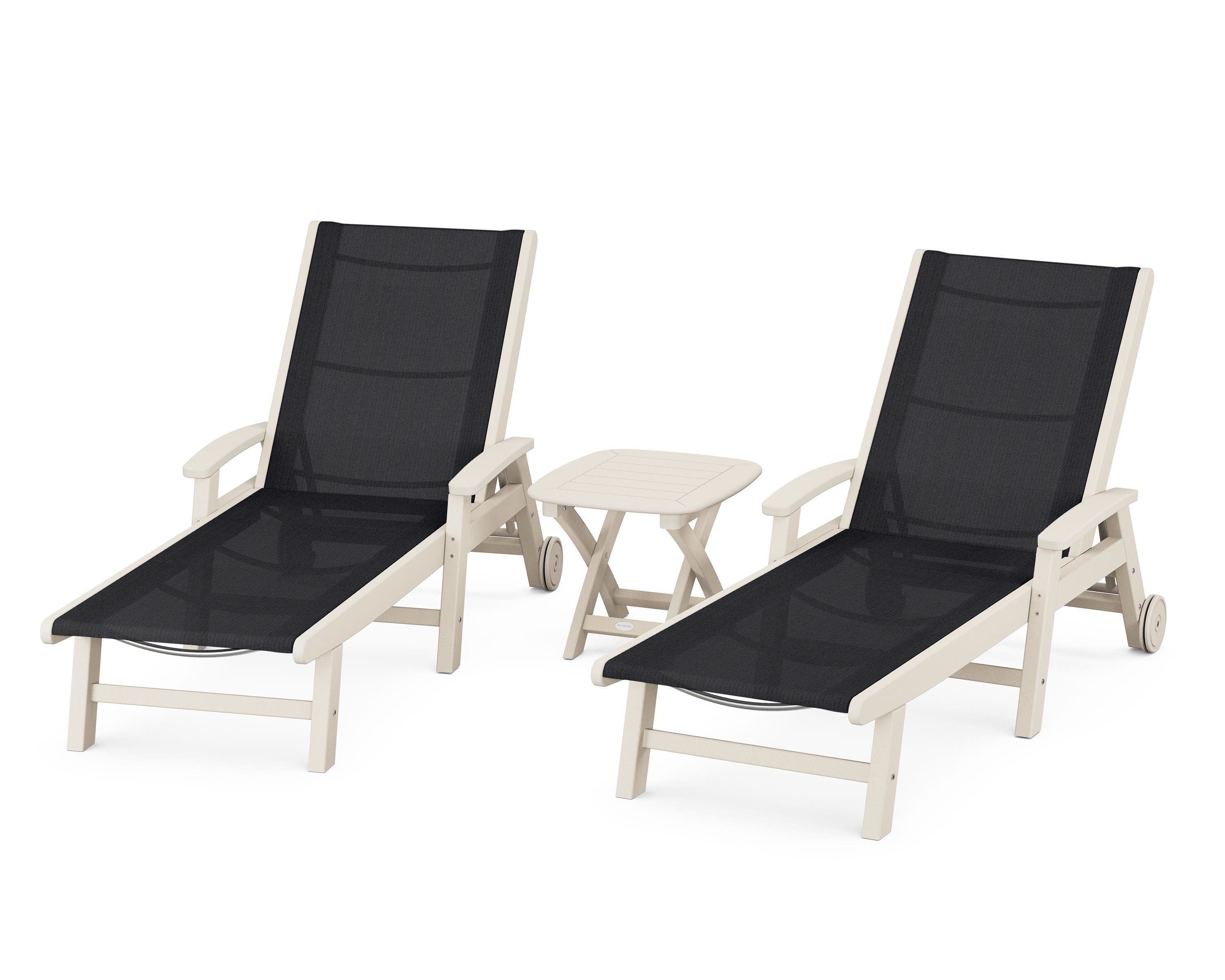 POLYWOOD® Coastal 3-Piece Wheeled Chaise Set in Sand / Black Sling