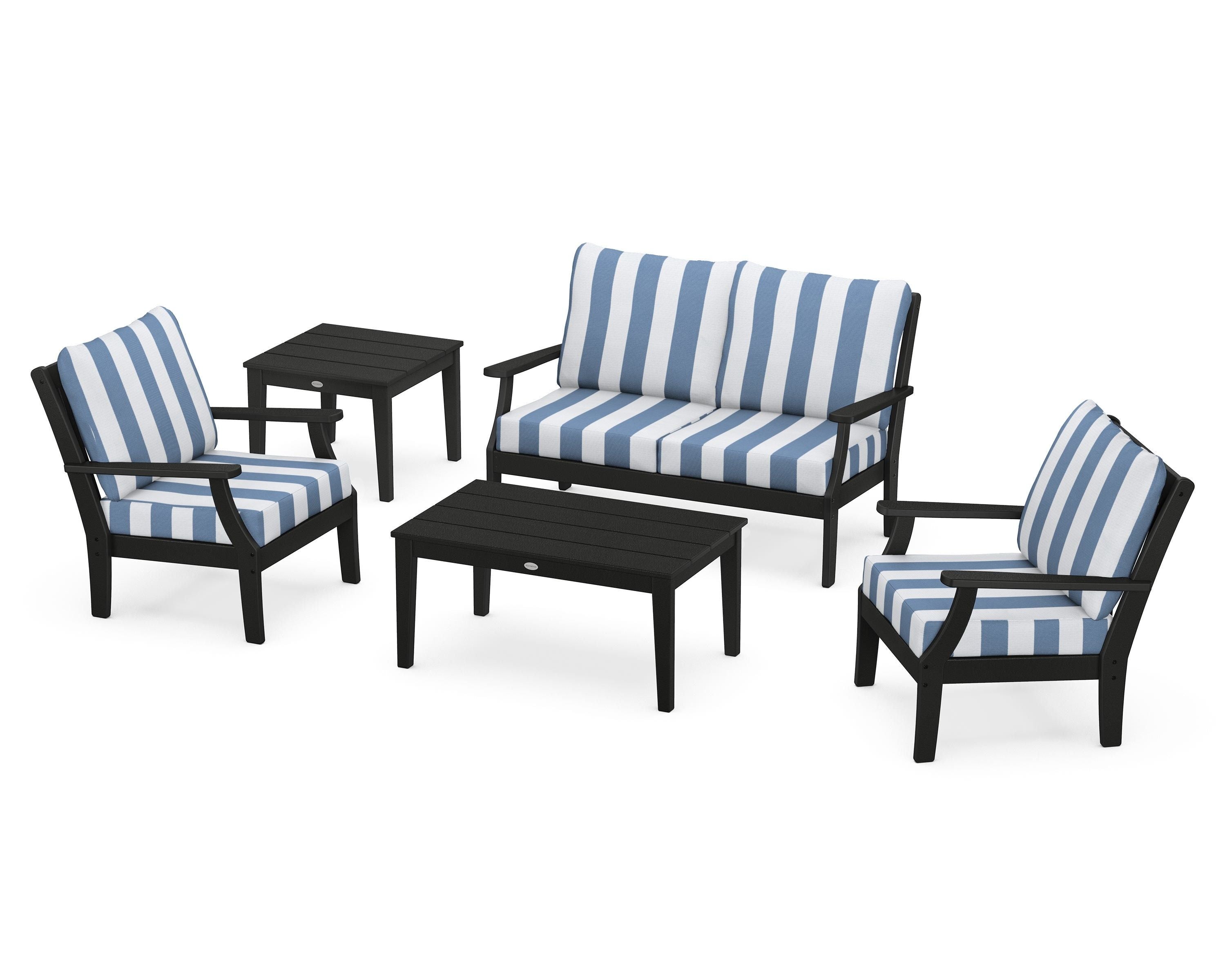 POLYWOOD® Braxton 5-Piece Deep Seating Set in Black / Cabana Stripe Sky Blue