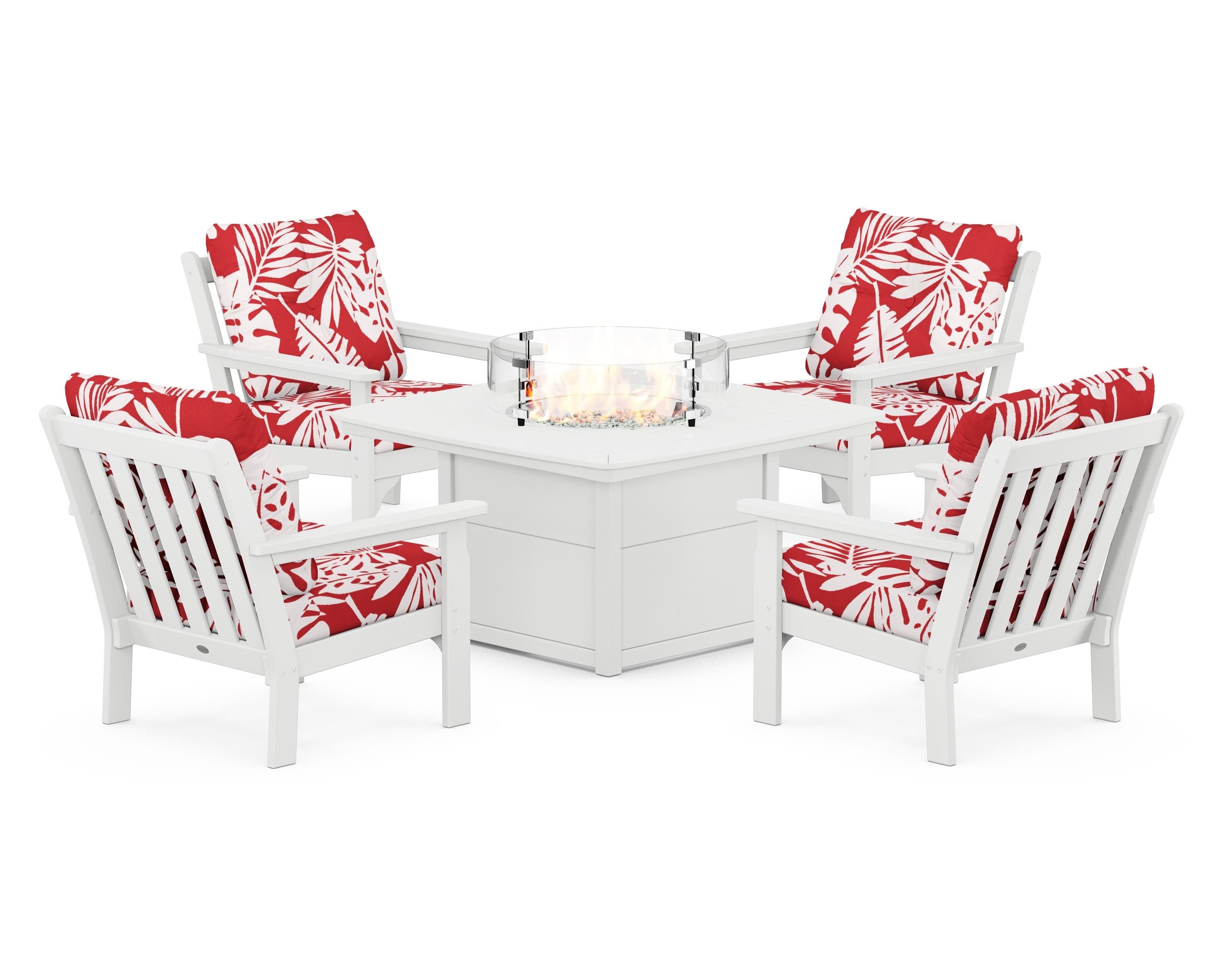 POLYWOOD® Vineyard 5-Piece Conversation Set with Fire Pit Table in White / Leaf Crimson