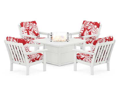 POLYWOOD® Vineyard 5-Piece Conversation Set with Fire Pit Table in White / Leaf Crimson