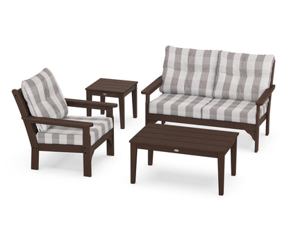 POLYWOOD® Vineyard 4-Piece Deep Seating Set in Mahogany / Buffalo Plaid Grey Mist