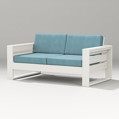 PW Designer Series Latitude Loveseat in Vintage White / Lattice Sky Blue