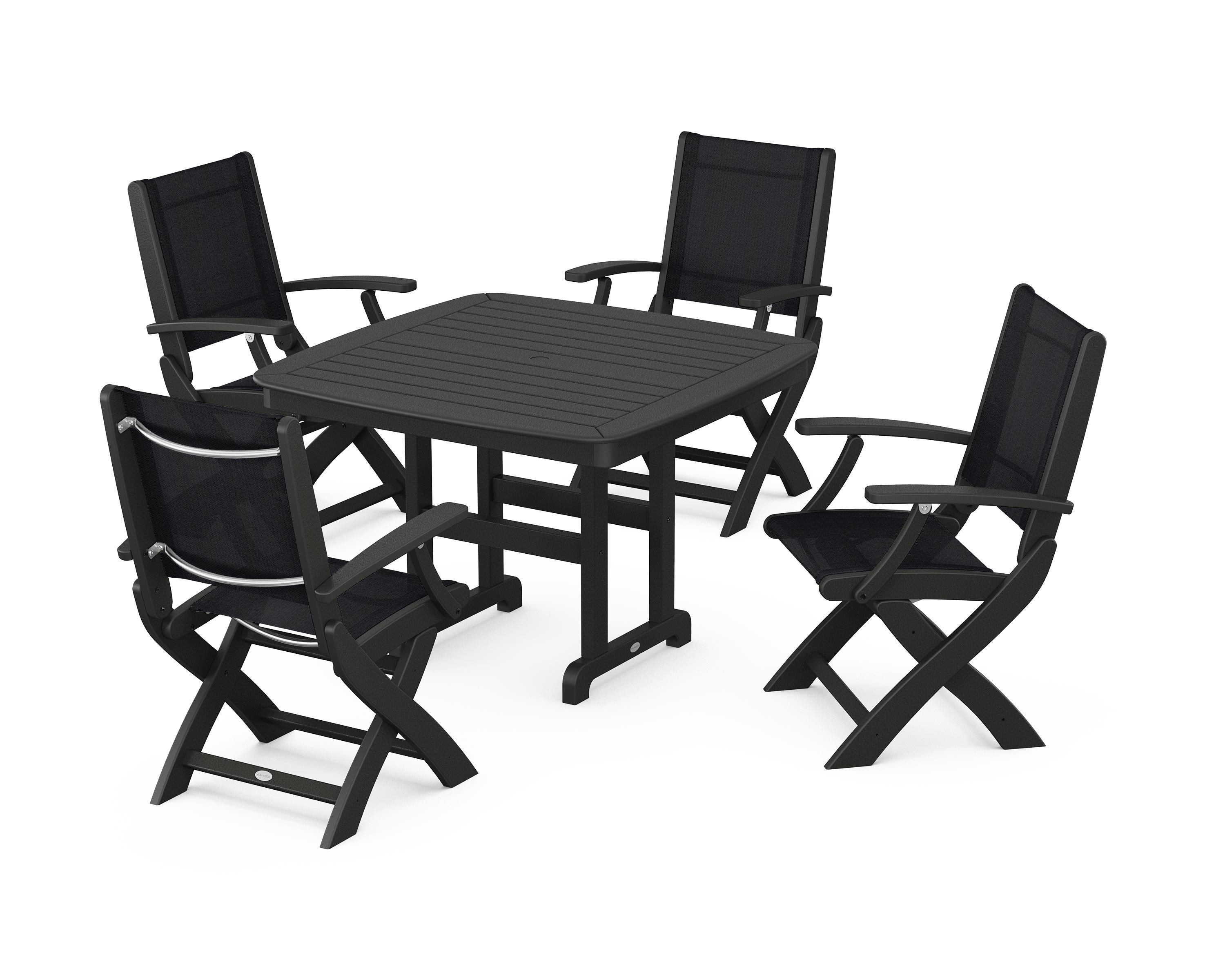 POLYWOOD® Coastal Folding Chair 5-Piece Dining Set in Black / Black Sling