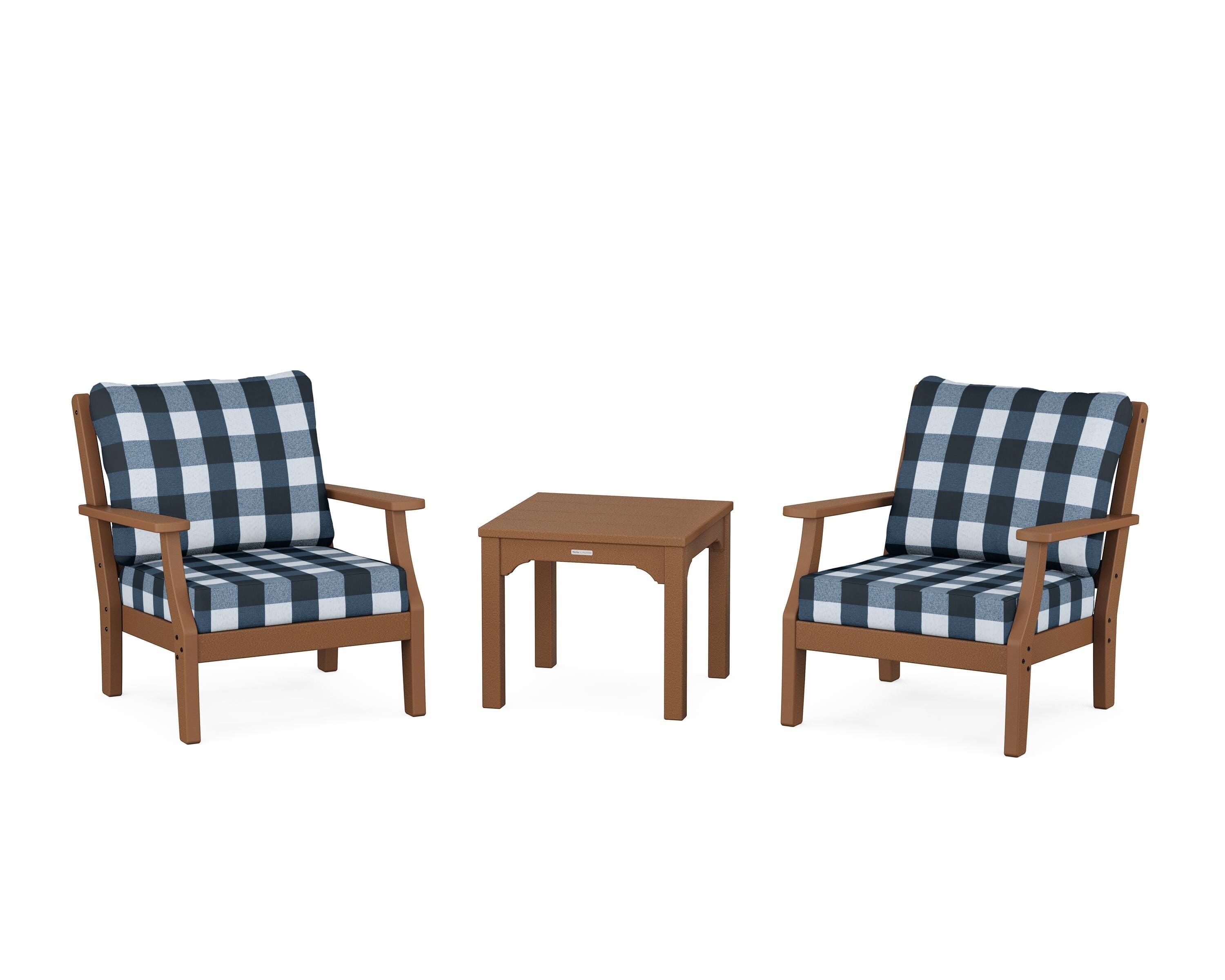 Martha Stewart by POLYWOOD® Chinoiserie 3-Piece Deep Seating Set in Teak / Buffalo Plaid Marine Indigo