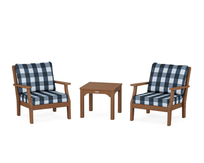 Martha Stewart by POLYWOOD® Chinoiserie 3-Piece Deep Seating Set in Teak / Buffalo Plaid Marine Indigo