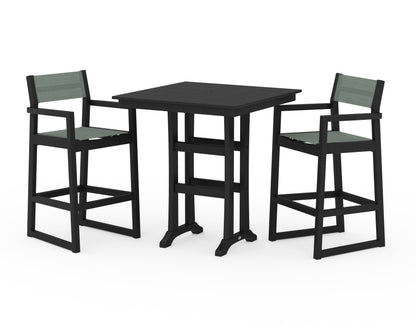 POLYWOOD® EDGE Sling Arm Chair 3-Piece Farmhouse Bar Set with Trestle Legs in Black / Dupioni Sea Mist Sling